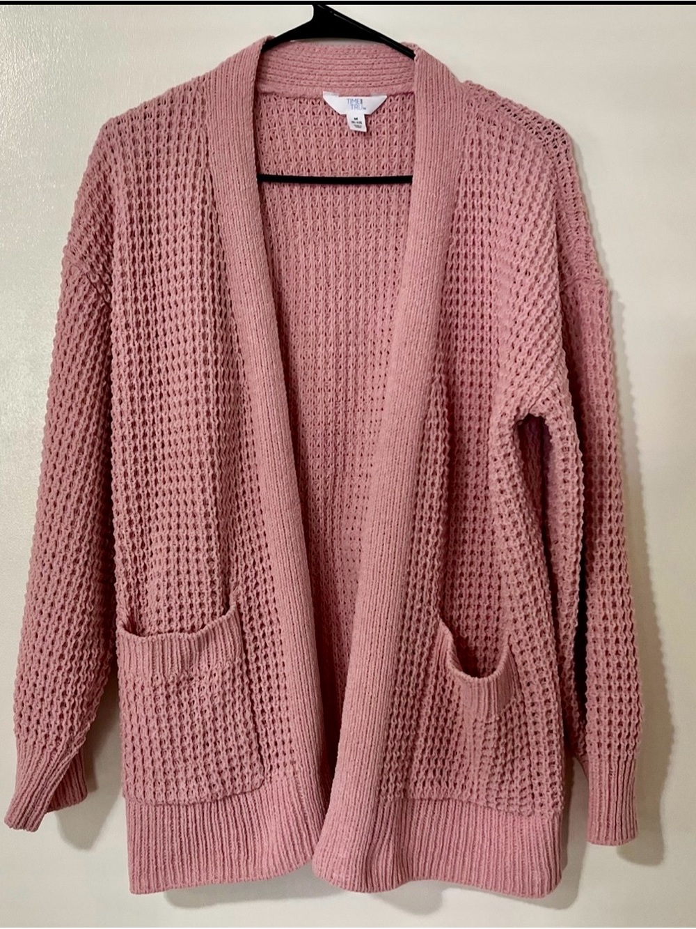 Time and Tru Dusty Pink Open-Front Waffle Cardigan
